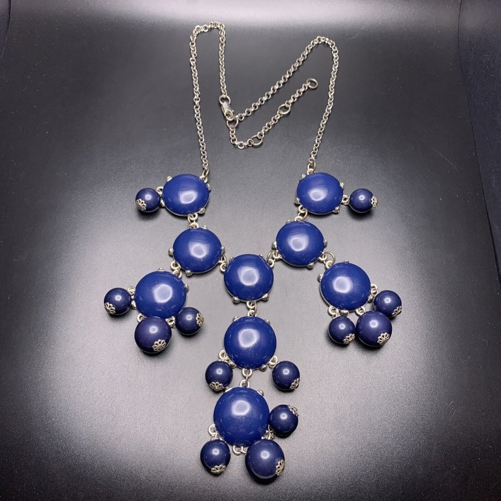 Long Bubble Bib Necklace Dark Blue Navy Silver Tone Chunky Bold Statement